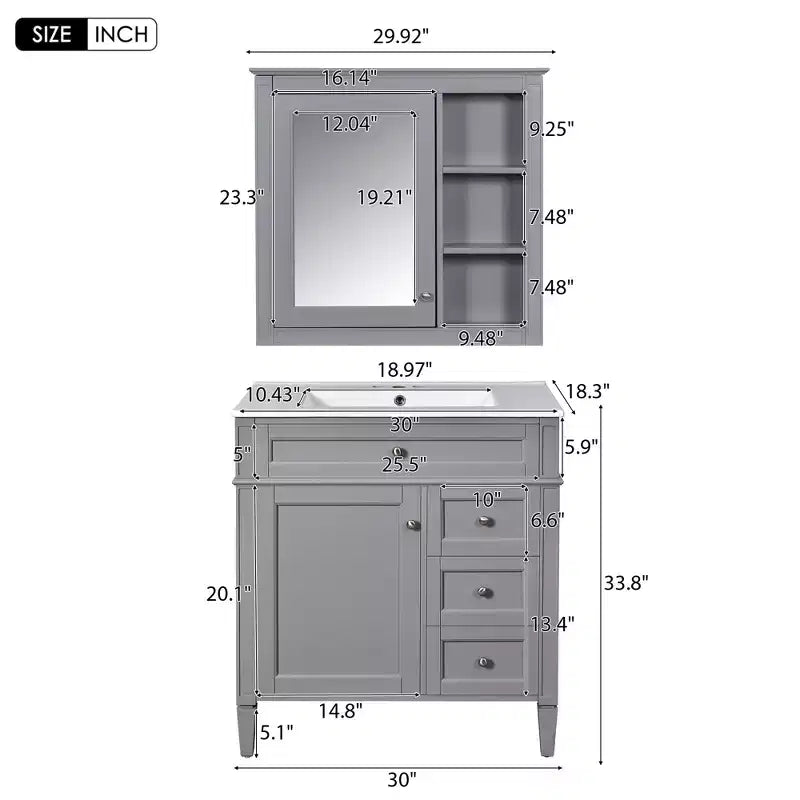 Tocador de baño de 30 pulgadas con lavabo, mueble de baño con cajones y espejo, armario con espejo para baño