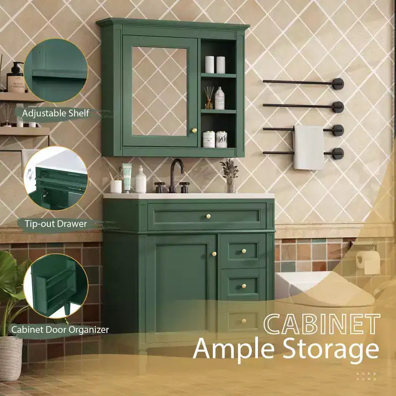 Tocador de baño de 30 pulgadas con lavabo, mueble de baño con cajones y espejo, armario con espejo para baño