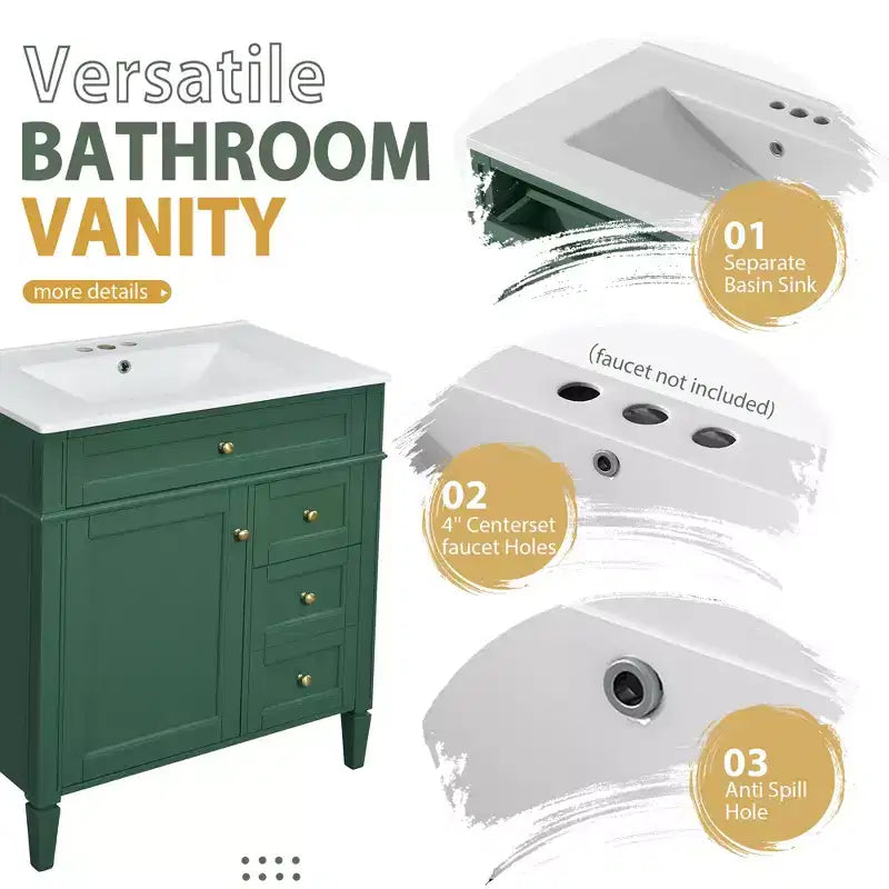 Tocador de baño de 30 pulgadas con lavabo, mueble de baño con cajones y espejo, armario con espejo para baño
