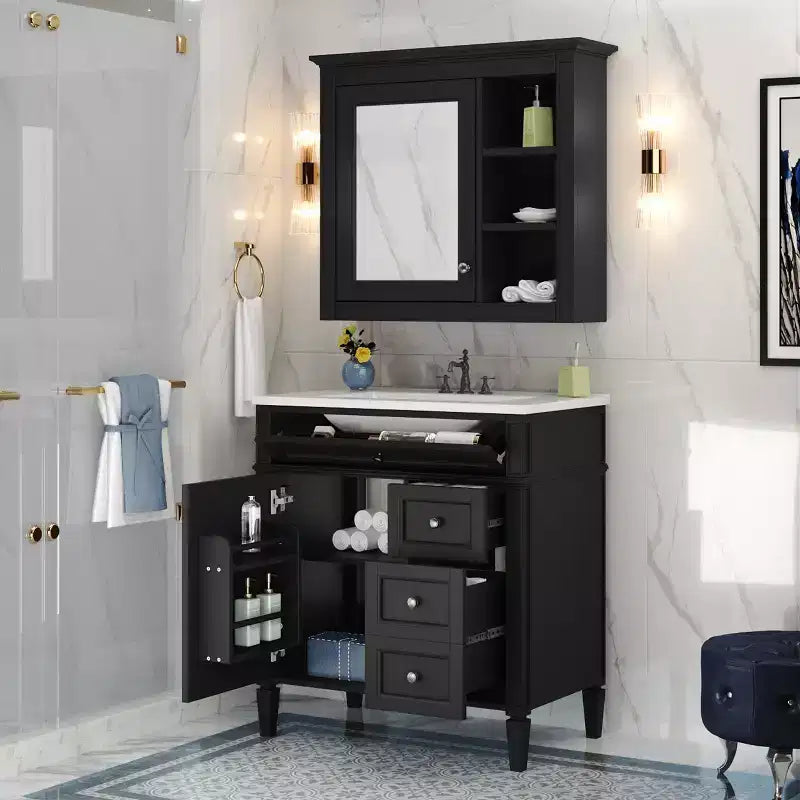 Tocador de baño de 30 pulgadas con lavabo, mueble de baño con cajones y espejo, armario con espejo para baño