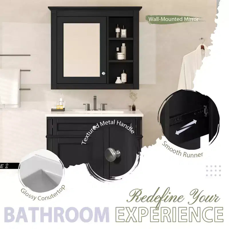 Tocador de baño de 30 pulgadas con lavabo, mueble de baño con cajones y espejo, armario con espejo para baño