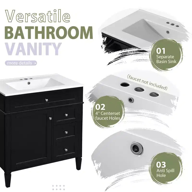 Tocador de baño de 30 pulgadas con lavabo, mueble de baño con cajones y espejo, armario con espejo para baño