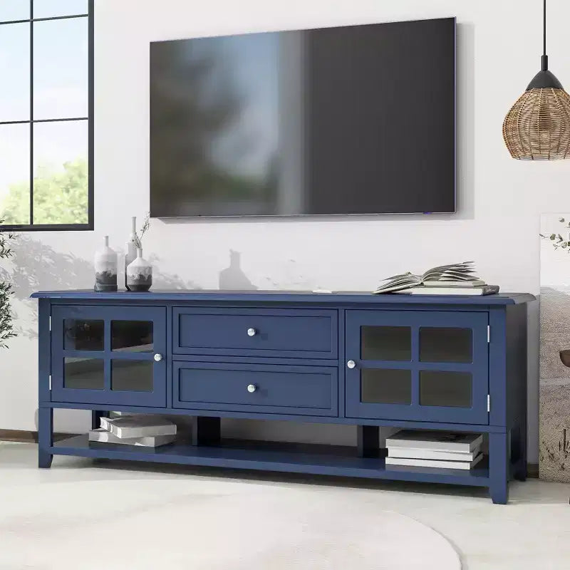 Mueble para TV Mid-Century con 2 puertas de cristal y 2 cajones, centro de entretenimiento para televisores de hasta 60"