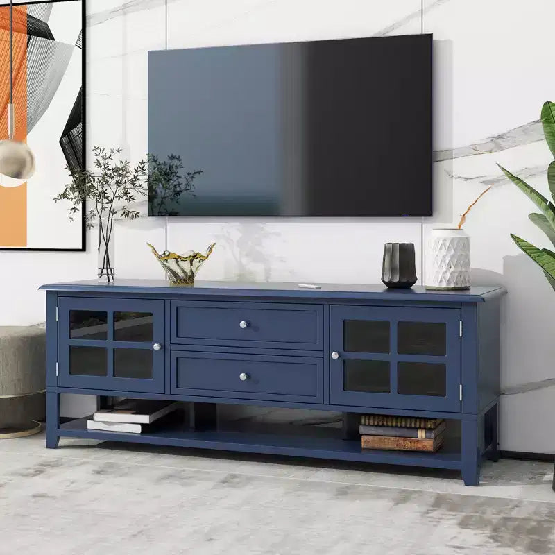 Mueble para TV Mid-Century con 2 puertas de cristal y 2 cajones, centro de entretenimiento para televisores de hasta 60"
