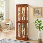 Vitrina esquinera iluminada de 70", 6 estantes de cristal ajustables, vitrina de almacenamiento de madera de ingeniería para sala de estar, vitrina alta
