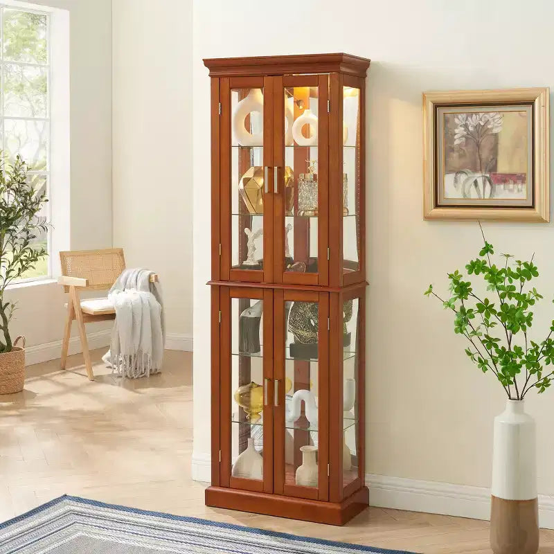 Vitrina esquinera iluminada de 70", 6 estantes de cristal ajustables, vitrina de almacenamiento de madera de ingeniería para sala de estar, vitrina alta