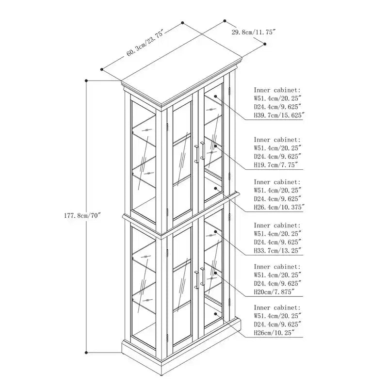 Vitrina esquinera iluminada de 70", 6 estantes de cristal ajustables, vitrina de almacenamiento de madera de ingeniería para sala de estar, vitrina alta