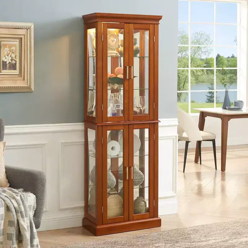 Vitrina esquinera iluminada de 70", 6 estantes de cristal ajustables, vitrina de almacenamiento de madera de ingeniería para sala de estar, vitrina alta