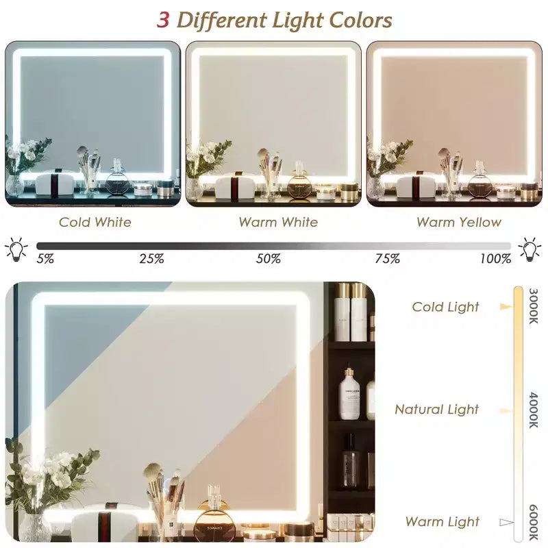Tocador de Maquillaje con Espejo Deslizante y Luces, Gran Mesa de Maquillaje con Estación de Carga, 3 Modos de Iluminación, 5 Cajones y 3 Niveles de Estantes Abiertos