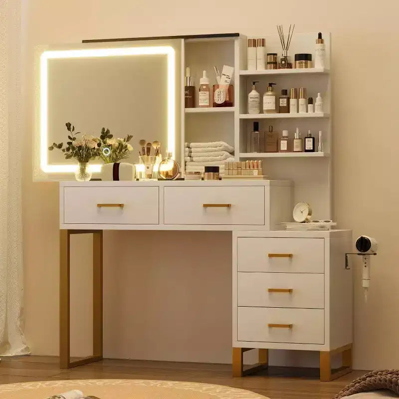 Tocador de Maquillaje con Espejo Deslizante y Luces, Gran Mesa de Maquillaje con Estación de Carga, 3 Modos de Iluminación, 5 Cajones y 3 Niveles de Estantes Abiertos