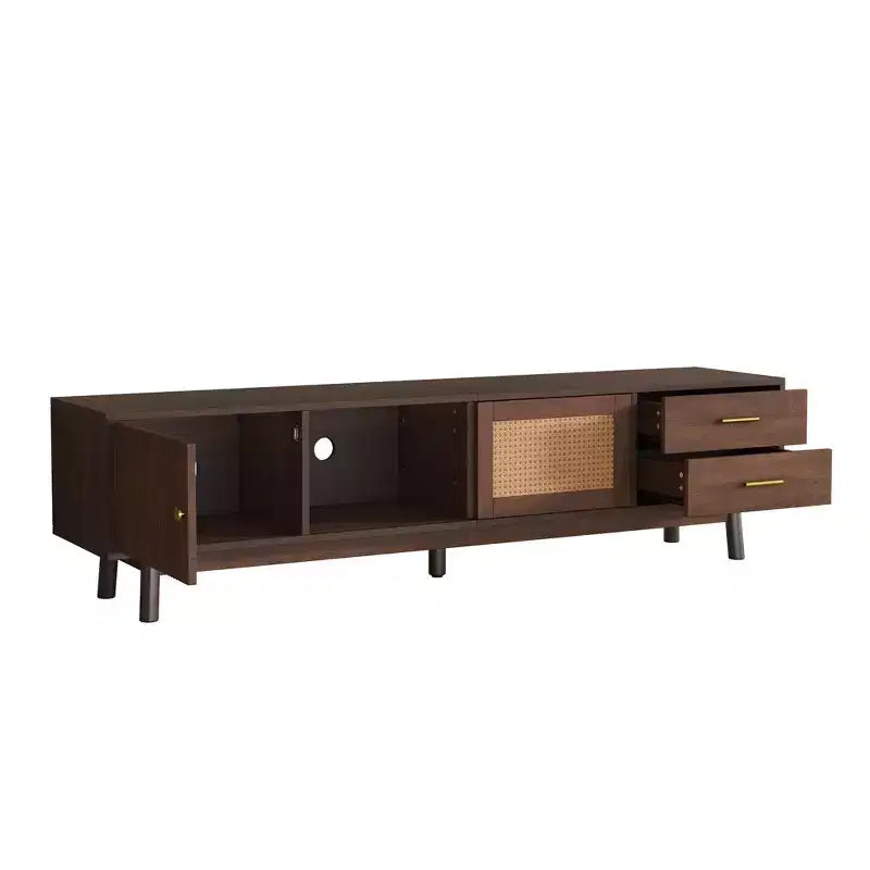 Mueble de TV de mediados de siglo para televisores de 80 pulgadas, centro de entretenimiento con puertas corredizas y cajones, marrón