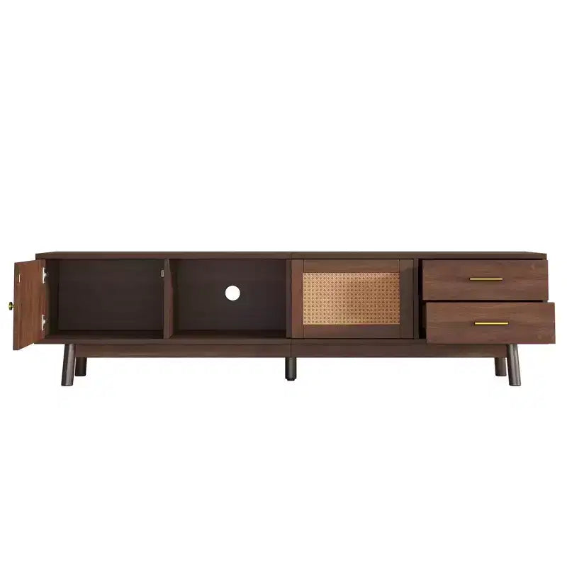 Mueble de TV de mediados de siglo para televisores de 80 pulgadas, centro de entretenimiento con puertas corredizas y cajones, marrón