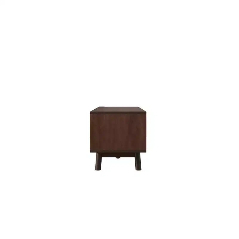 Mueble de TV de mediados de siglo para televisores de 80 pulgadas, centro de entretenimiento con puertas corredizas y cajones, marrón