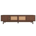 Mueble de TV de mediados de siglo para televisores de 80 pulgadas, centro de entretenimiento con puertas corredizas y cajones, marrón