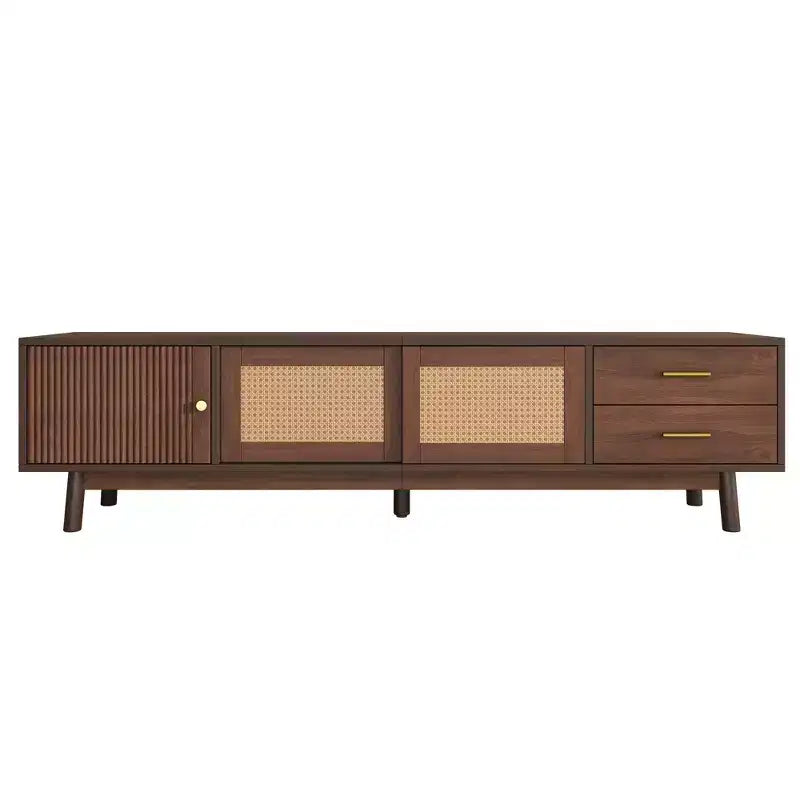 Mueble de TV de mediados de siglo para televisores de 80 pulgadas, centro de entretenimiento con puertas corredizas y cajones, marrón