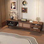 Mueble de TV de mediados de siglo para televisores de 80 pulgadas, centro de entretenimiento con puertas corredizas y cajones, marrón