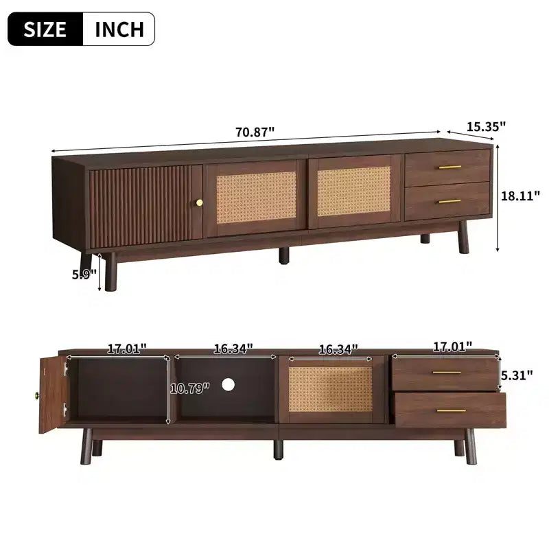Mueble de TV de mediados de siglo para televisores de 80 pulgadas, centro de entretenimiento con puertas corredizas y cajones, marrón