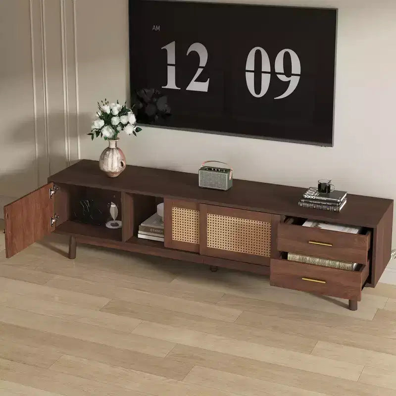 Mueble de TV de mediados de siglo para televisores de 80 pulgadas, centro de entretenimiento con puertas corredizas y cajones, marrón