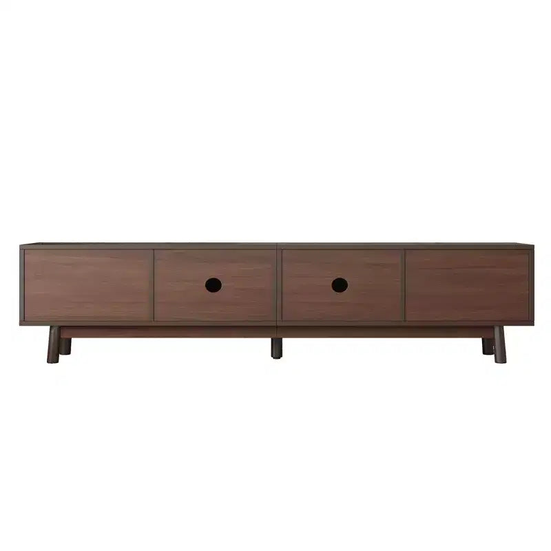 Mueble de TV de mediados de siglo para televisores de 80 pulgadas, centro de entretenimiento con puertas corredizas y cajones, marrón