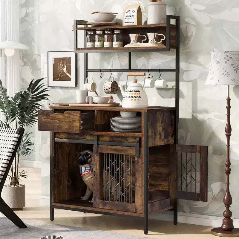 Mueble Jaula para Perros de 31.5 Pulgadas con Cajones y Estación de Carga, Perrera Interior de Doble Puerta con Almacenamiento, Marrón Rústico