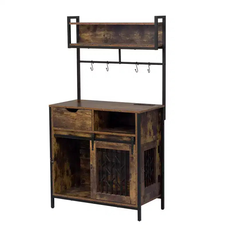 Mueble Jaula para Perros de 31.5 Pulgadas con Cajones y Estación de Carga, Perrera Interior de Doble Puerta con Almacenamiento, Marrón Rústico