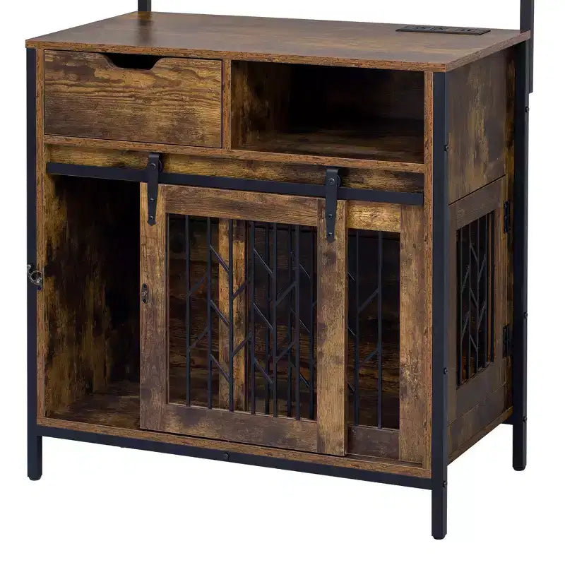 Mueble Jaula para Perros de 31.5 Pulgadas con Cajones y Estación de Carga, Perrera Interior de Doble Puerta con Almacenamiento, Marrón Rústico
