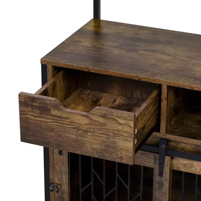 Mueble Jaula para Perros de 31.5 Pulgadas con Cajones y Estación de Carga, Perrera Interior de Doble Puerta con Almacenamiento, Marrón Rústico