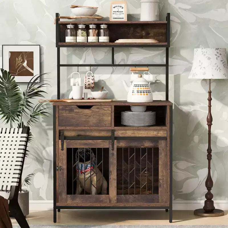 Mueble Jaula para Perros de 31.5 Pulgadas con Cajones y Estación de Carga, Perrera Interior de Doble Puerta con Almacenamiento, Marrón Rústico