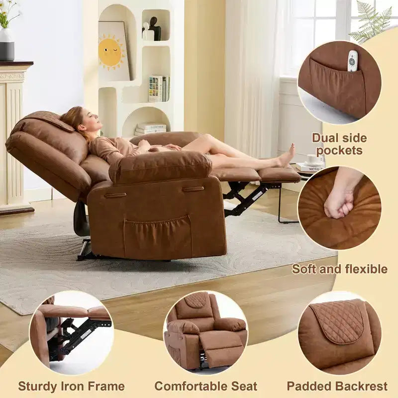 Sillón Reclinable de Masaje Extra Grande para Adultos, Sofá Individual de Piel Sintética con Calefacción y Vibración, Bolsillo Lateral, Sofá Reclinable (Marrón)