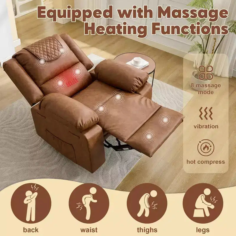 Sillón Reclinable de Masaje Extra Grande para Adultos, Sofá Individual de Piel Sintética con Calefacción y Vibración, Bolsillo Lateral, Sofá Reclinable (Marrón)