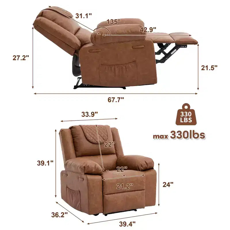 Sillón Reclinable de Masaje Extra Grande para Adultos, Sofá Individual de Piel Sintética con Calefacción y Vibración, Bolsillo Lateral, Sofá Reclinable (Marrón)