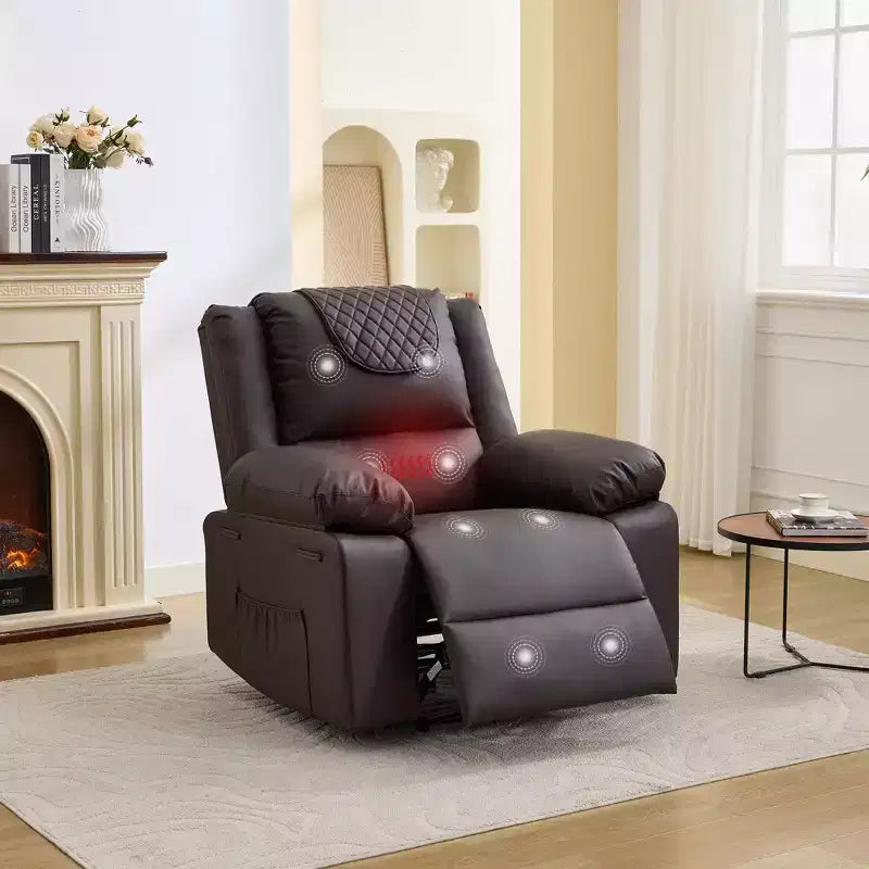 Sillón Reclinable de Masaje Extra Grande para Adultos, Sofá Individual de Piel Sintética con Calefacción y Vibración, Bolsillo Lateral, Sofá Reclinable (Marrón)