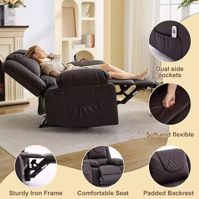 Sillón Reclinable de Masaje Extra Grande para Adultos, Sofá Individual de Piel Sintética con Calefacción y Vibración, Bolsillo Lateral, Sofá Reclinable (Marrón)
