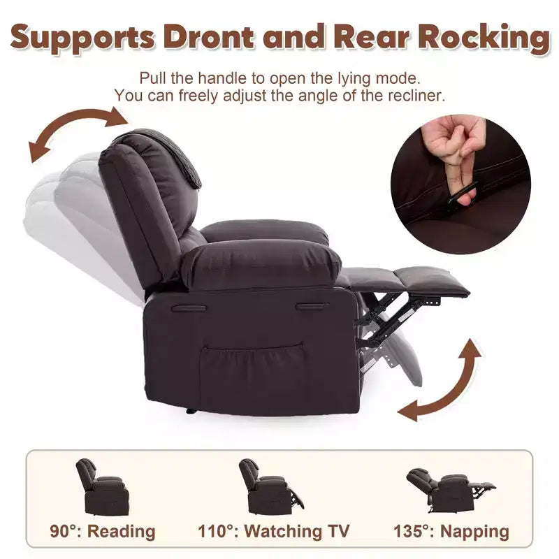 Sillón Reclinable de Masaje Extra Grande para Adultos, Sofá Individual de Piel Sintética con Calefacción y Vibración, Bolsillo Lateral, Sofá Reclinable (Marrón)
