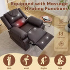 Sillón Reclinable de Masaje Extra Grande para Adultos, Sofá Individual de Piel Sintética con Calefacción y Vibración, Bolsillo Lateral, Sofá Reclinable (Marrón)
