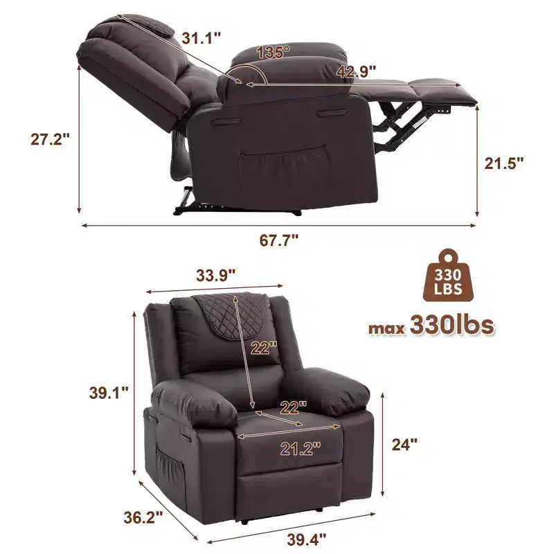 Sillón Reclinable de Masaje Extra Grande para Adultos, Sofá Individual de Piel Sintética con Calefacción y Vibración, Bolsillo Lateral, Sofá Reclinable (Marrón)