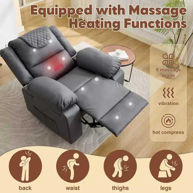 Sillón Reclinable de Masaje Extra Grande para Adultos, Sofá Individual de Piel Sintética con Calefacción y Vibración, Bolsillo Lateral, Sofá Reclinable (Marrón)