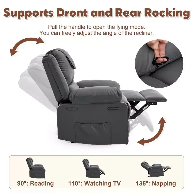 Sillón Reclinable de Masaje Extra Grande para Adultos, Sofá Individual de Piel Sintética con Calefacción y Vibración, Bolsillo Lateral, Sofá Reclinable (Marrón)