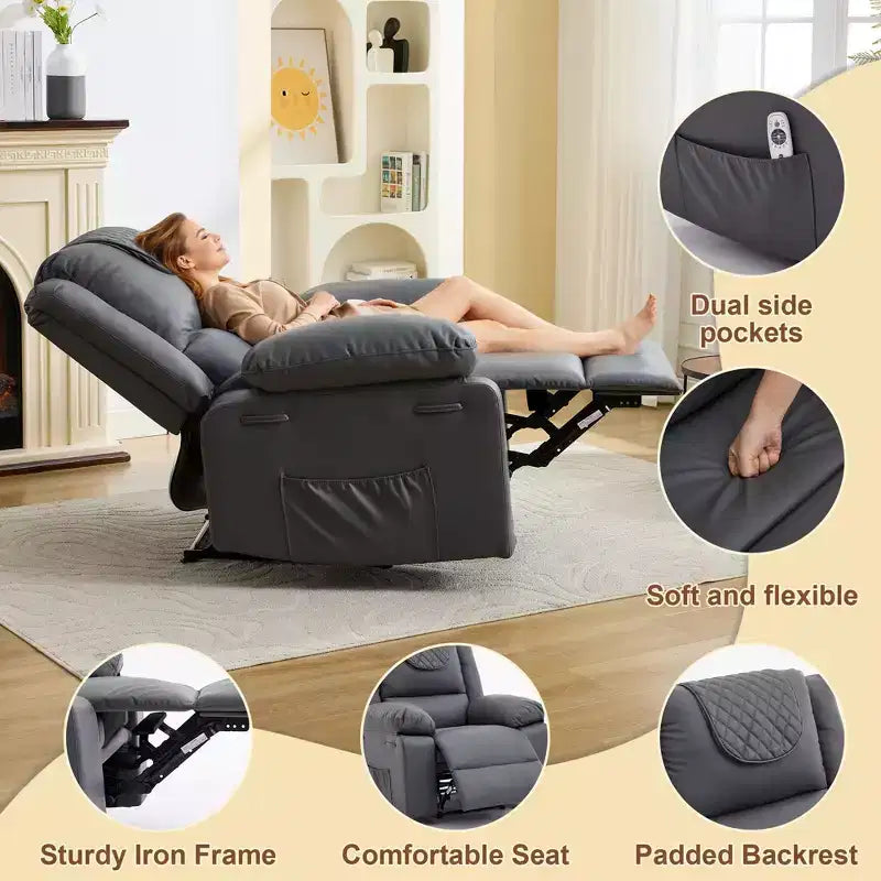 Sillón Reclinable de Masaje Extra Grande para Adultos, Sofá Individual de Piel Sintética con Calefacción y Vibración, Bolsillo Lateral, Sofá Reclinable (Marrón)