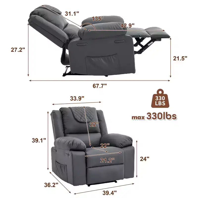 Sillón Reclinable de Masaje Extra Grande para Adultos, Sofá Individual de Piel Sintética con Calefacción y Vibración, Bolsillo Lateral, Sofá Reclinable (Marrón)
