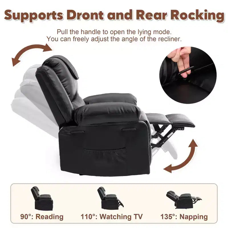 Sillón Reclinable de Masaje Extra Grande para Adultos, Sofá Individual de Piel Sintética con Calefacción y Vibración, Bolsillo Lateral, Sofá Reclinable (Marrón)