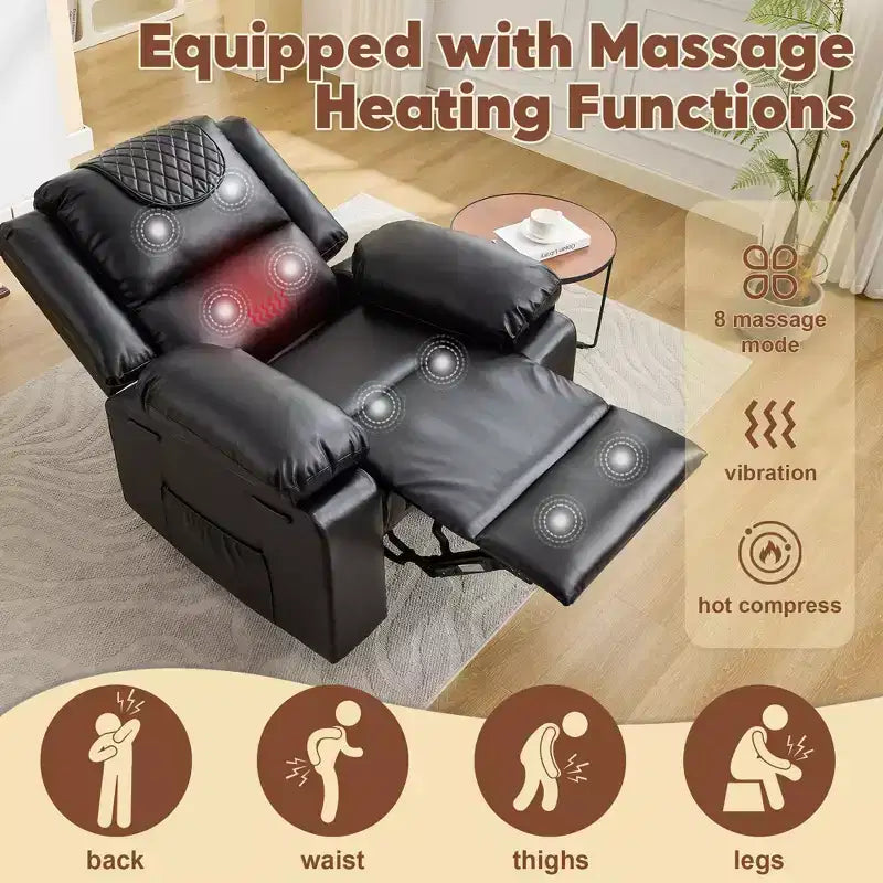 Sillón Reclinable de Masaje Extra Grande para Adultos, Sofá Individual de Piel Sintética con Calefacción y Vibración, Bolsillo Lateral, Sofá Reclinable (Marrón)