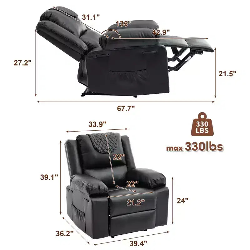 Sillón Reclinable de Masaje Extra Grande para Adultos, Sofá Individual de Piel Sintética con Calefacción y Vibración, Bolsillo Lateral, Sofá Reclinable (Marrón)