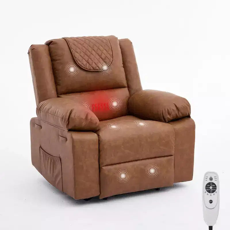 Sillón Reclinable de Masaje Extra Grande para Adultos, Sofá Individual de Piel Sintética con Calefacción y Vibración, Bolsillo Lateral, Sofá Reclinable (Marrón)